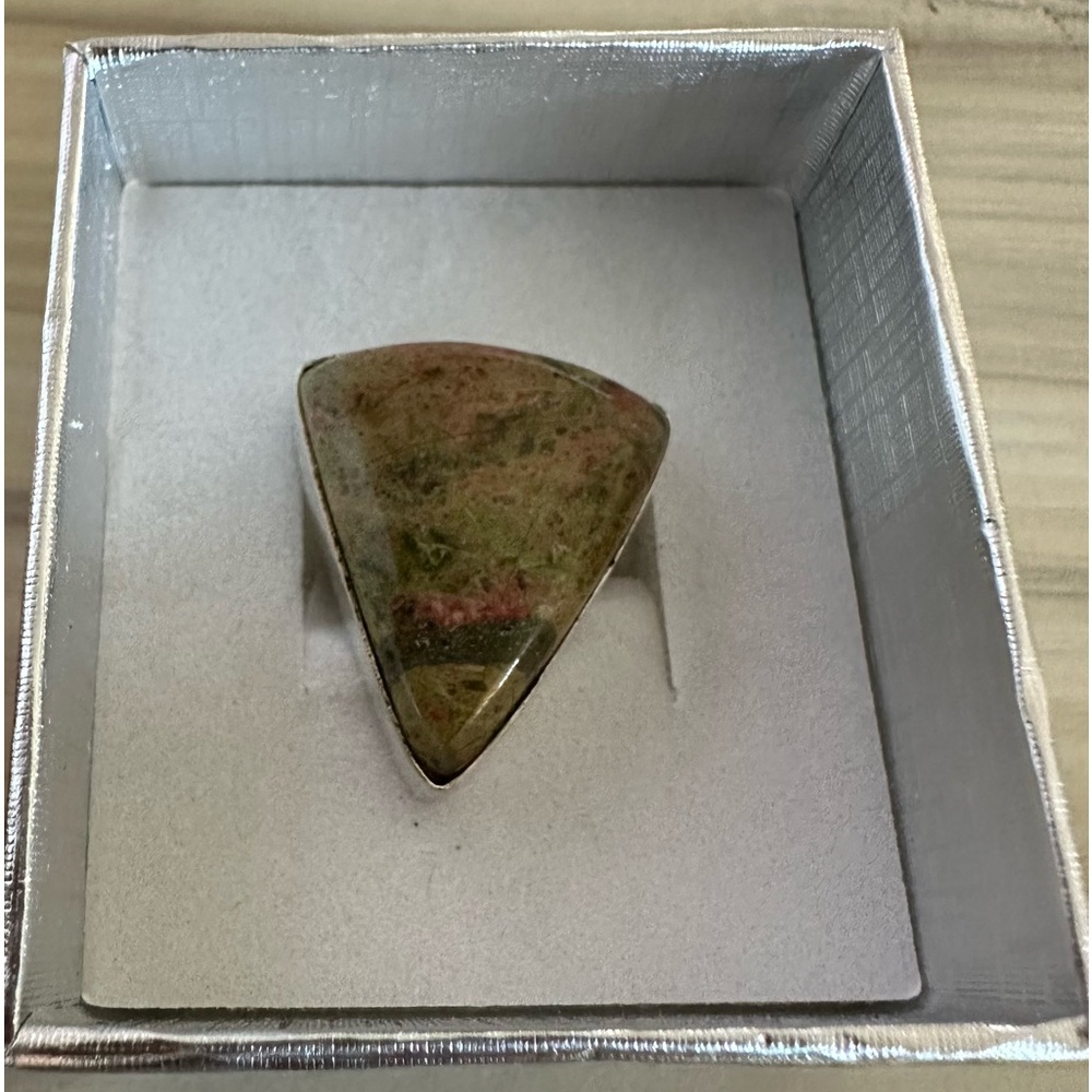 💕 Handcrafted Natural Unakite Triangle Ring Silver overlay Setting adjustable